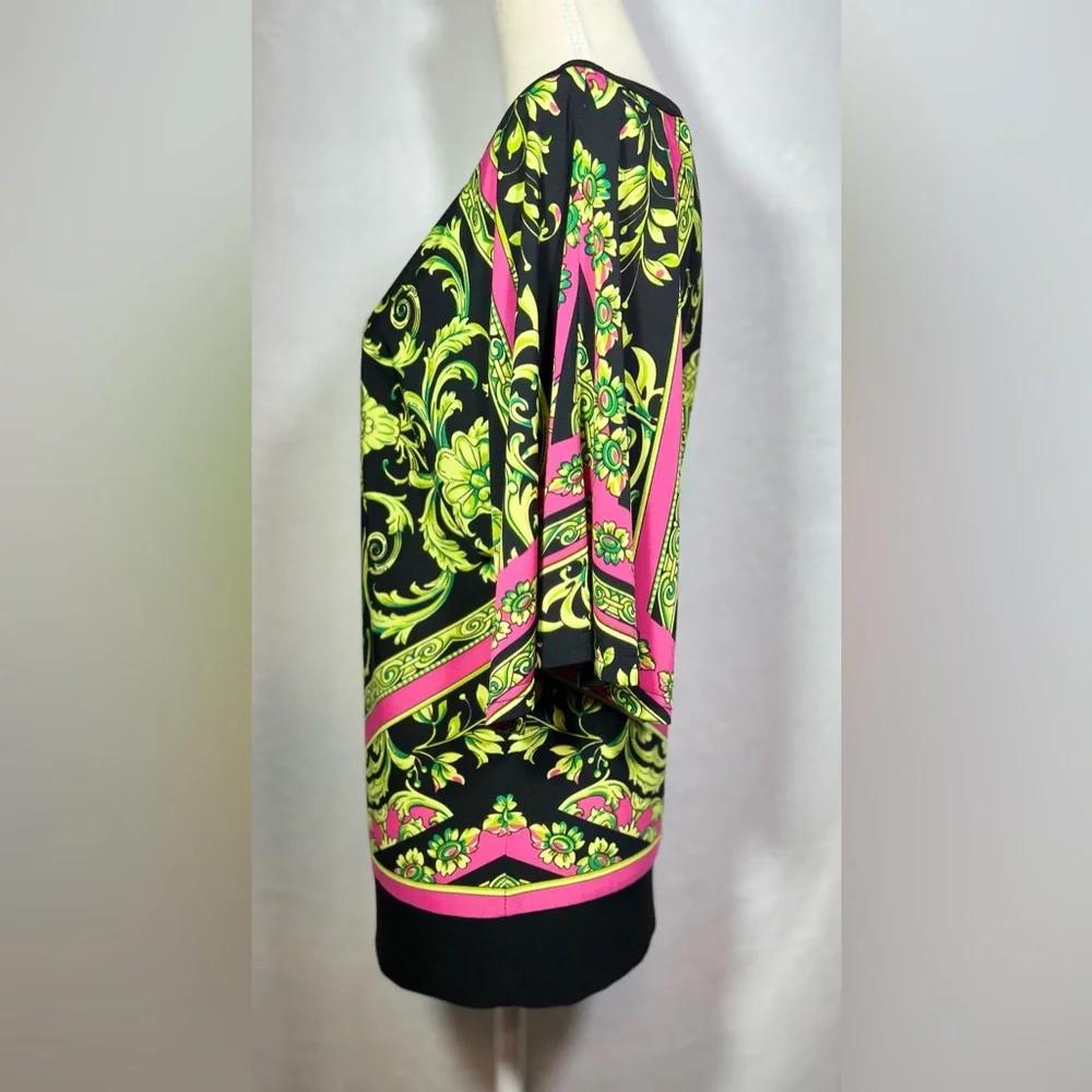 Joseph Ribkoff Baroque Blouse Size 8 Black Pink Green Boat Neck Statement Top - Picture 3 of 6